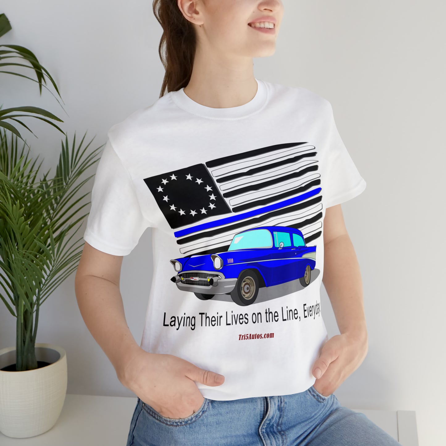 57 Blue Thin Blue Line - Tri5Autos T - Unisex Jersey Short Sleeve Tee