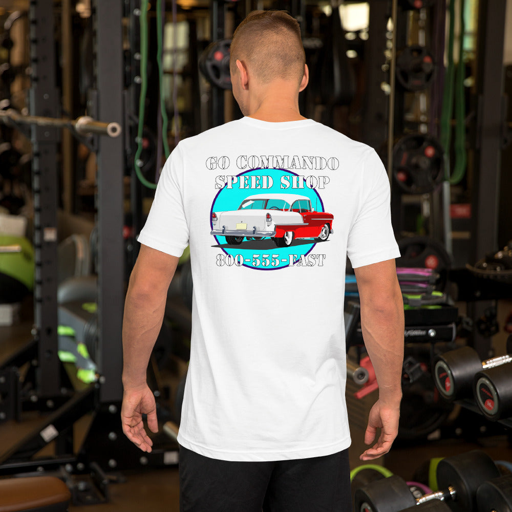 55 Speed Shop Red White Unisex t-shirt - Front and Back Image